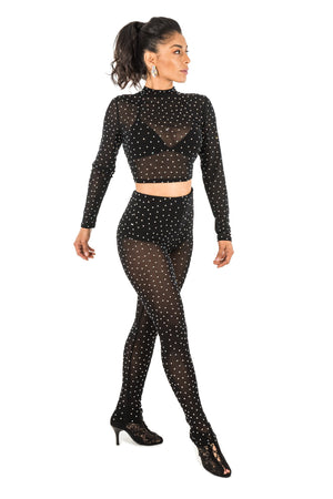 Long Sleeve Mesh Two-Piece with Rhinestones- (CW190)