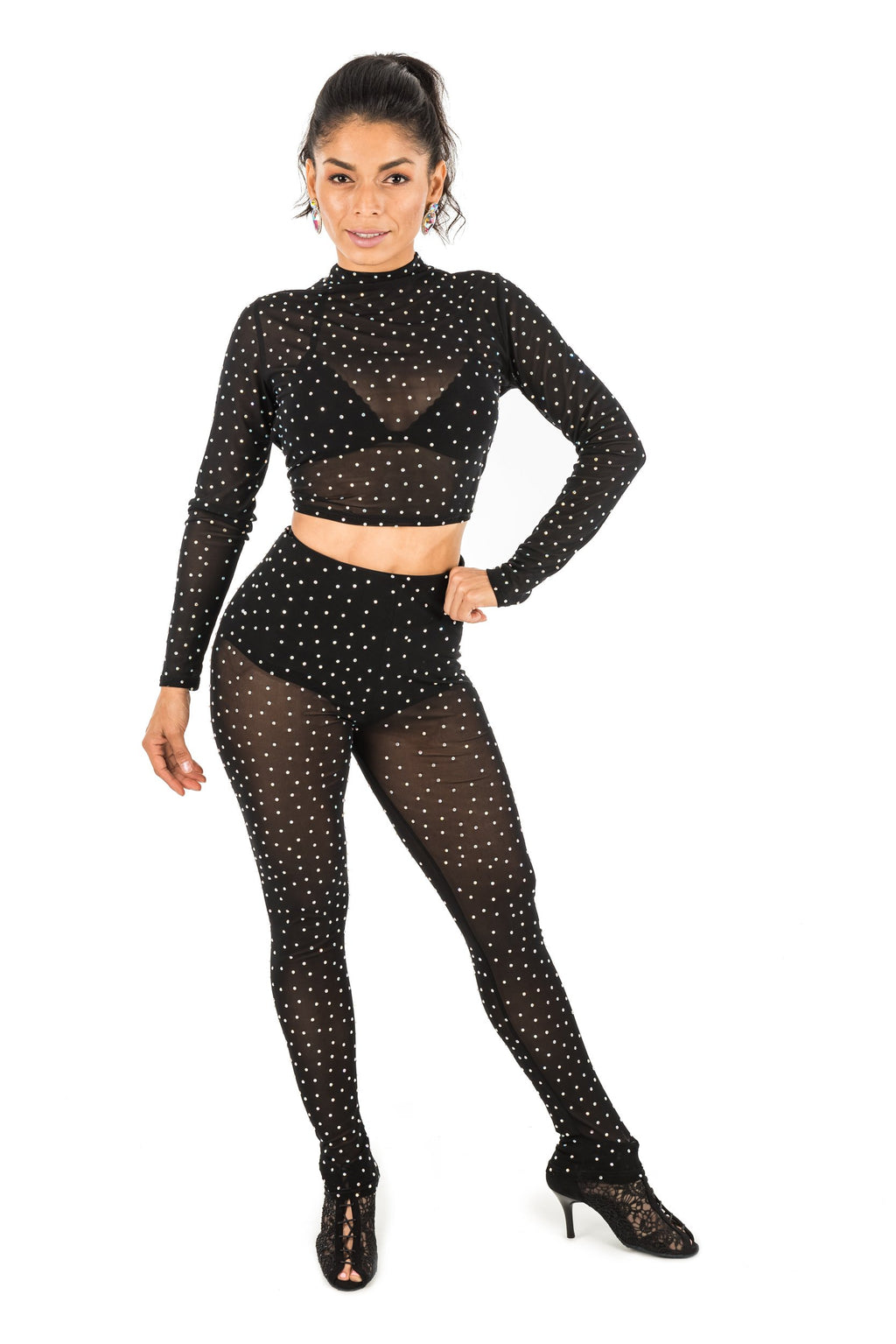 Long Sleeve Mesh Two-Piece with Rhinestones- (CW190)